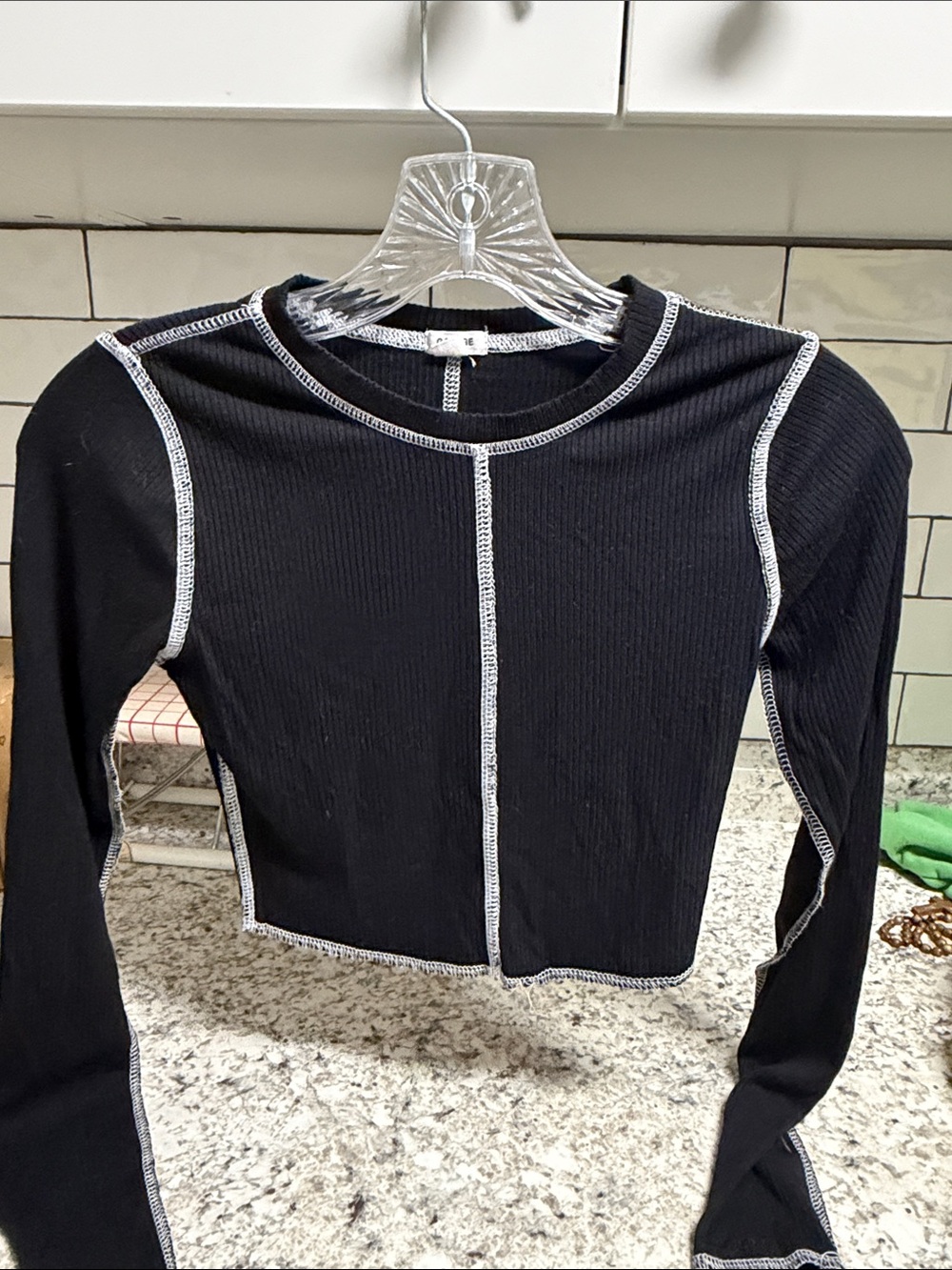 Garage Black Long-Sleeve Ribbed Crewneck Top with White Contrast Stitching